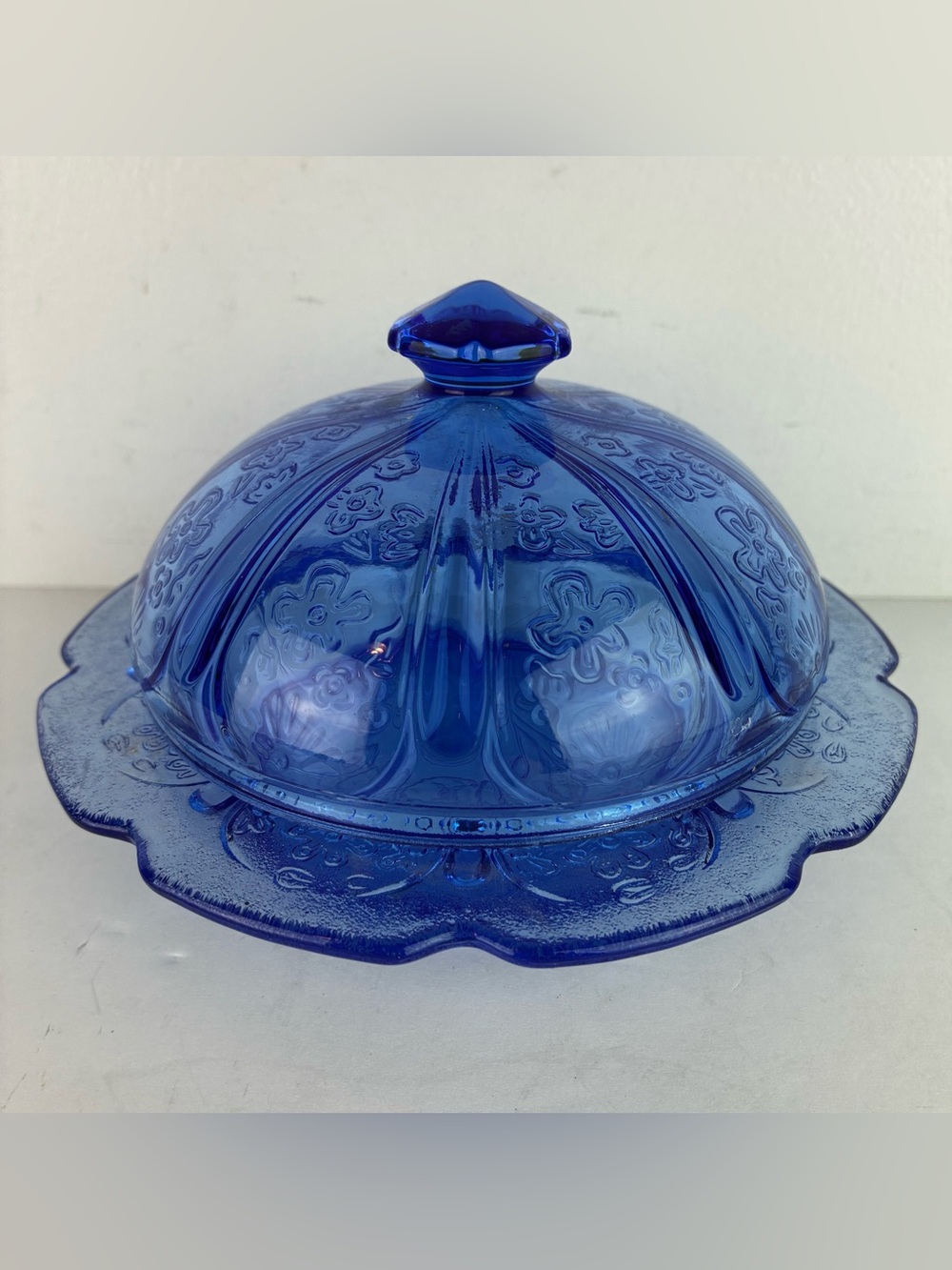Jeanette Glass Company Cobalt Blue Cherry Blossom Covered Small Dish